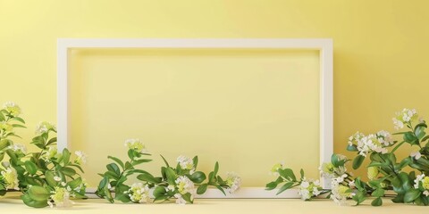 Empty frame with flowers on a yellow background