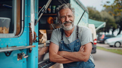 Portrait of a happy man smiling against the background of a shop