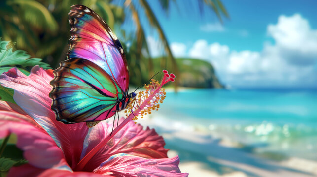 a vibrantly colored butterfly with iridescent wings perched on a vibrant pink hibiscus flower at tropical beach