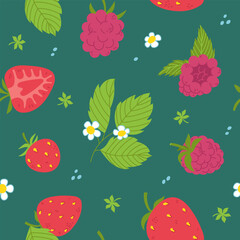 Seamless summer pattern with strawberries, raspberries, flowers and leaves. Berries. Freehand vector illustration on dark background