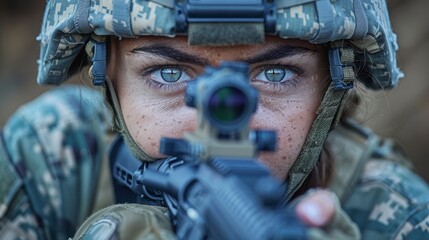 Female soldier aiming with rifle in futuristic interface technology, military aiming concept