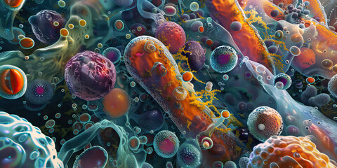 Biochemical Pathways of Bacteria: Close-up view of metabolic processes within bacterial cells, illustrating biochemical interactions and pathways