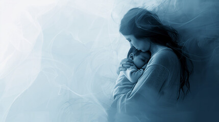 A new mother suffering post partum to post natal depression, holding her baby close and looking sad and pensive, blue grey colour palette, landscape format 16:9 with copy space blank