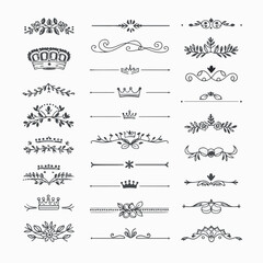 A collection of ornate design elements, primarily in the form of decorative dividers or borders. These designs are symmetrical and feature a mix of floral and crown motifs. They are positioned horizon