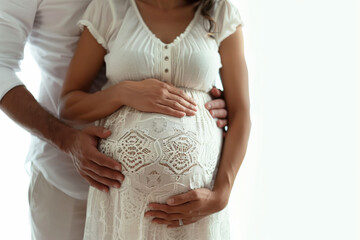 Pregnant woman in white dress with hands on her belly, showing support and love, ideal for family and pregnancy themes.