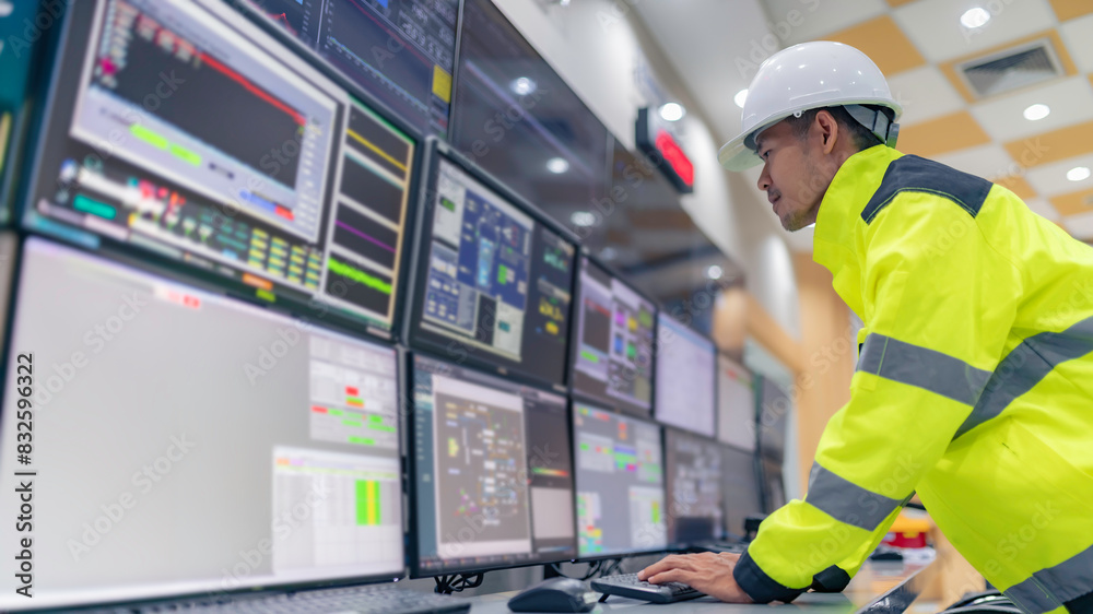 Wall mural engineer working at control room,manager control system,technician man monitoring program from a lot
