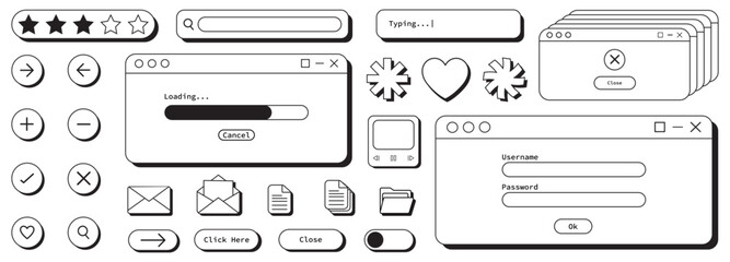 Big set of 90s retro vaporwave aesthetics digital screen user interface .80s 90s old computer user interface elements and vintage aesthetic icons.Nostalgic retro operating system. Vector illustration.