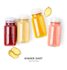 Fresh ginger shot bottles set isolated on white background.