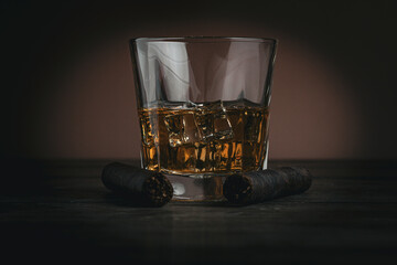 Glass of scotch whiskey cigars brown, bourbon with ice, wooden background product photo commercial