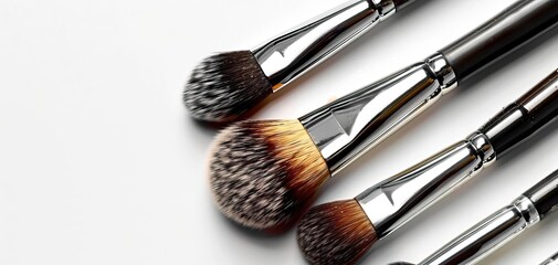 Closeup of a makeup artists tools, with a focus on brushes and copy space