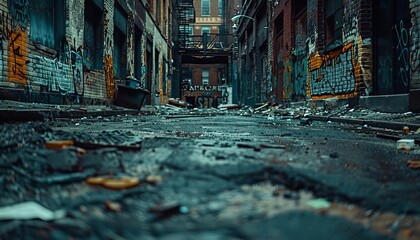 Closeup of a dark, gritty alley in a dangerous district, with visible graffiti and broken windows