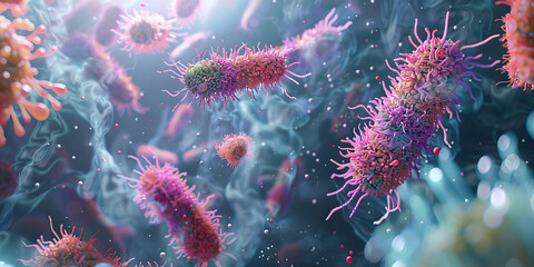 Pathogenic Bacteria: High-resolution close-up of pathogenic bacteria invading host cells, illustrating infectious processes at a microscopic level