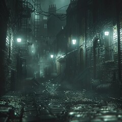 Closeup of a street in a dangerous district at night, with dim lighting and an eerie atmosphere, with room for additional text