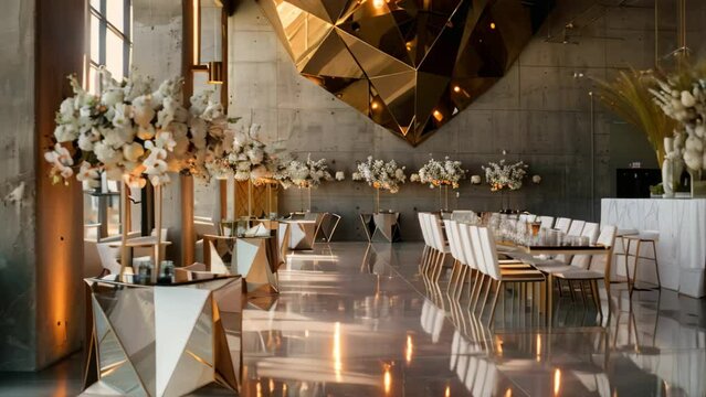 A modern, sleek wedding venue featuring tables, chairs, and vibrant flowers as decor elements, A modern, sleek wedding venue with geometric decor and metallic accents