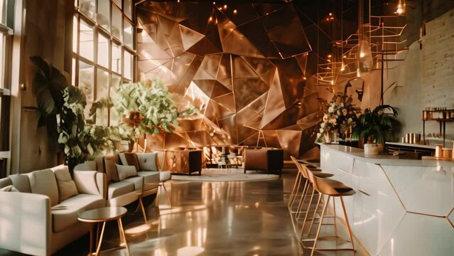 A modern, spacious room featuring a bar, comfortable couches, and large windows, A modern, sleek wedding venue with geometric decor and metallic accents