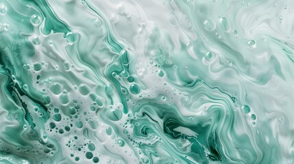 Naklejka premium Swirling green and white fluid, resembling the texture of abstract painting, with bubbles floating in it.