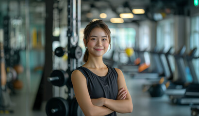 Fototapeta premium ジムでトレーナーをしている女性 A woman working as a trainer at the gym.Generative AI