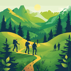 vector illustration of a serene National Hiking Day with hikers exploring scenic trails