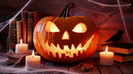 Obraz premium Spooky Halloween pumpkin, carved with a grinning face, sitting on a wooden porch step. The pumpkin glows from within