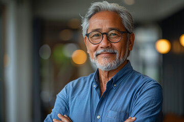 Distinguished Elderly Asian Man in a Dress Shirt Standing Confidently Indoors