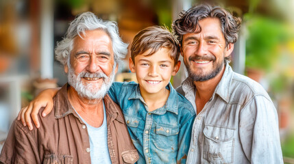 Grandfather, father, and son, smiling brightly. Scene emphasizes familial bonds, generational connections, and joy of spending quality time together. Concept of family values and togetherness