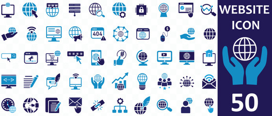 Website icon set. Containing web design, internet, content, SEO, hosting, server, homepage and e-commerce icon. Solid icon collection. Vector illustration. 