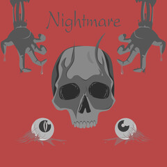 Halloween skull Vectors. Halloween seamless pattern. Skeleton Skull of death with Zombie bone hand  and Eyes falling out of their sockets. Nightmare text  for scares. Skelton gray rotted hand. love.