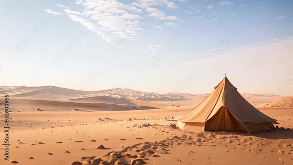 Poster a nomadic tent stands alone in the vast desert landscape under the scorching sun, a nomadic tent on 