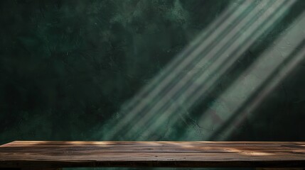 Empty wooden table with sunlight streaming through a dark textured background, perfect for product display or design purposes.