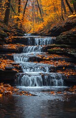 Waterfall cascading through lush forest in serene national park, surrounded by vibrant wildlife and scenic trails