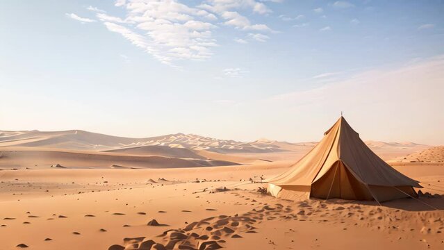 A nomadic tent stands alone in the vast desert landscape under the scorching sun, A nomadic tent on the horizon surrounded by endless sand