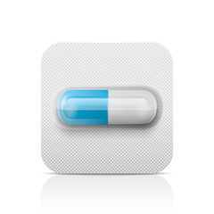 Vector Realistic Blue Pharmaceutical Medical Pill, Vitamins, Capsule in Blister Closeup Isolated. Pill in Blister Packaging Design Template. Front View. Medicine, Health Concept