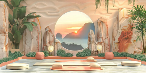 Wellness and Mindfulness Retreat: Set with yoga mats, meditation cushions, and relaxation zones, backdrop featuring tranquil landscapes and serene natural settings