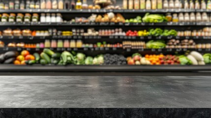 Tabletop in a supermarket. Black countertop against the backdrop of a grocery store. Empty concrete...