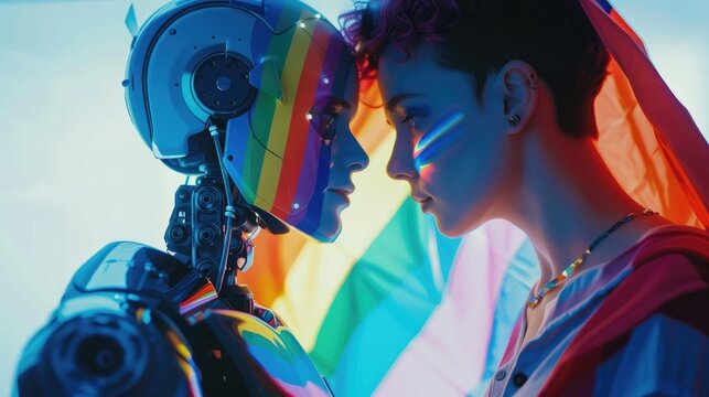 Pride Beyond Binary: Human and Android Celebrating LGBTQ+ Identity.
