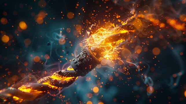 A close-up of a frayed electrical cord emitting sparks, with a blurred background of a darkened room, emphasizing the immediate danger and risk of fire or injury.