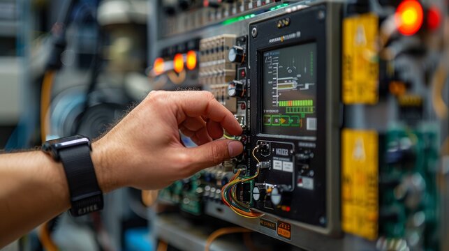 A close-up of a hand adjusting the knobs on an impedance analyzer, with the device's screen displaying real-time measurements of reactance and conductivity, highlighting the precis