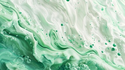 Naklejka premium Swirling green and white fluid, resembling the texture of abstract painting, with bubbles floating in it.