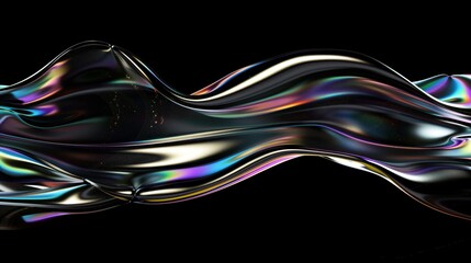 Closeup of swirling holographic flowing forms and curves on a black solid background.