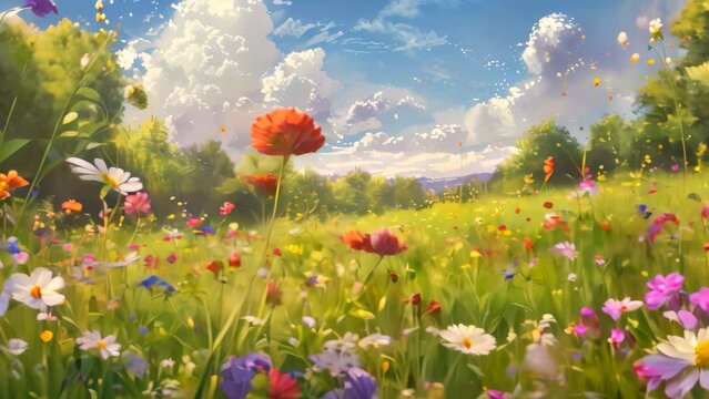 A colorful meadow blooming with various wildflowers under the suns light, A peaceful meadow filled with wildflowers and the sound of buzzing bees