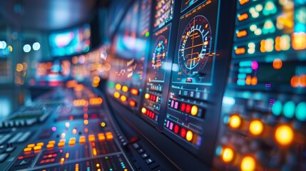 Obraz premium A close-up photograph of an industrial control room, filled with screens and panels displaying data on energy generation and distribution, showcasing the technology and precision i