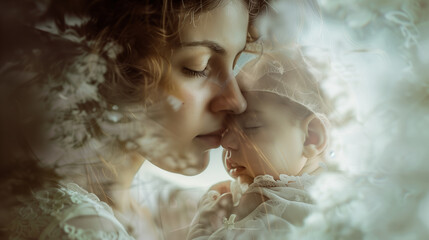 An angelic ethereal fantasy portrait of a woman holding a newborn baby close, pale tones, light leak and romantic veiled light and staging, landscape format 16:9