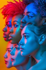 Close-up profile of diverse women under vivid neon lighting, showcasing beauty and unity with colorful and dramatic effects.