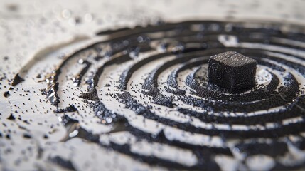 Naklejka premium A detailed macro shot of magnetic field lines formed by iron filings on a paper, with a bar magnet underneath, providing a clear and educational depiction of magnetic field pattern