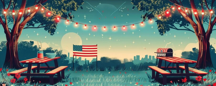 Vintage picnic tables and classic grills set the scene for a retro Independence Day barbecue in a 1950s Americana style