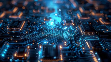 A highly detailed image of a modern electronic circuit board with intricate pathways and components, illuminated by a soft blue light, symbolizing the complexity and sophistication