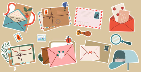 Mail envelopes sticker pack. Post cards, envelopes, post stamps, craft paper letters and mail envelopes. Postage cards, cute envelopes vector illustration set.