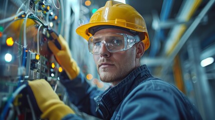 A safety demonstration with a professional wearing protective gear, using insulated tools to work on live electrical equipment, showcasing proper safety practices to prevent accide