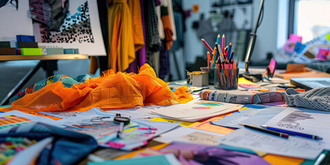 Close-up of a fashion buyer's desk with trend reports and fabric samples, illustrating a job in fashion buying.