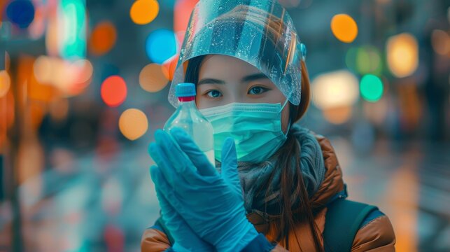 A person wearing a face mask and gloves, sanitizing their hands with disinfectant, illustrating the importance of personal protective equipment and hygiene practices for safety and